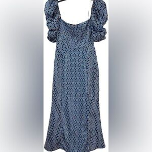 NWOT Sz L Printed Puff Sleeve Slit Midi Dress from Fore Collection in Blue Multi